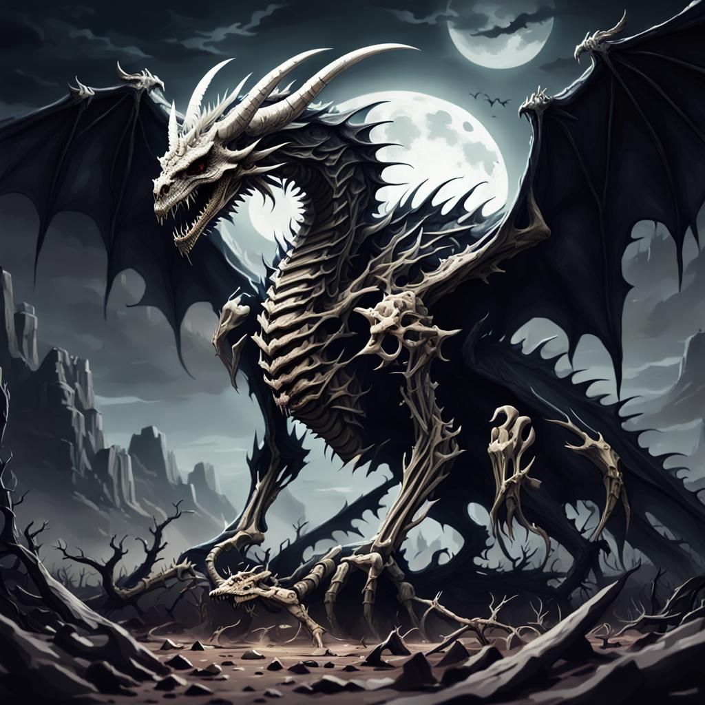 Undead Dragon in Desolate Wasteland: Dark Fantasy Art