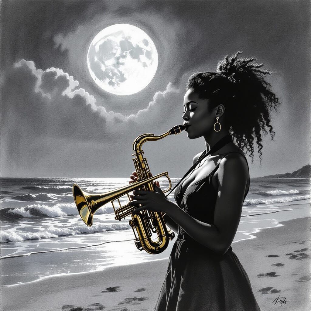 Black Woman Plays Jazz Cornet on Moonlit Beach