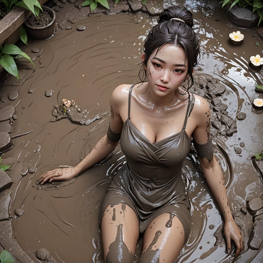 Girl Relaxing in Mud Bath: 3D Anime Art