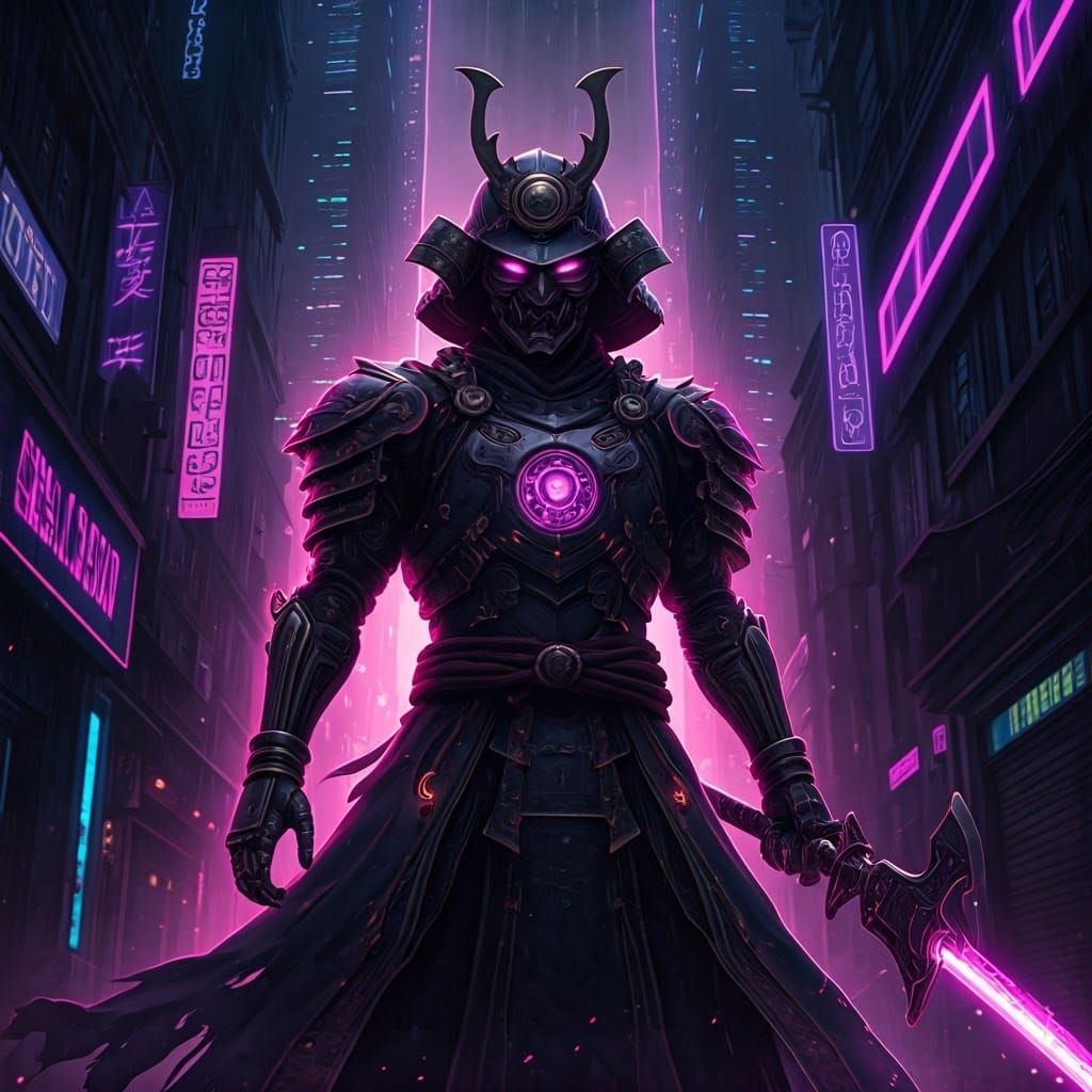 Cyberpunk Samurai Warrior in Neon Alleyway