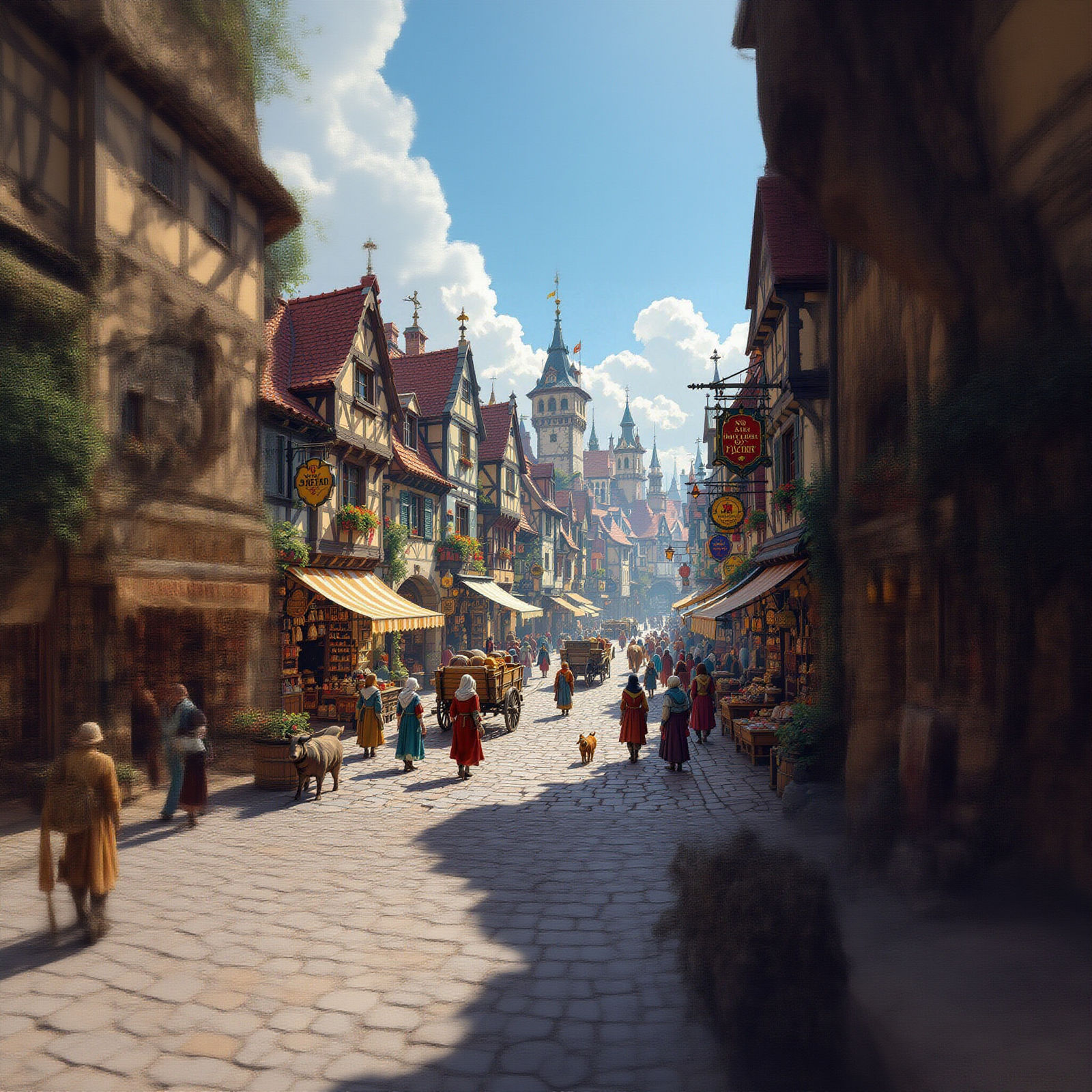 Bustling Medieval Town Square at Midday