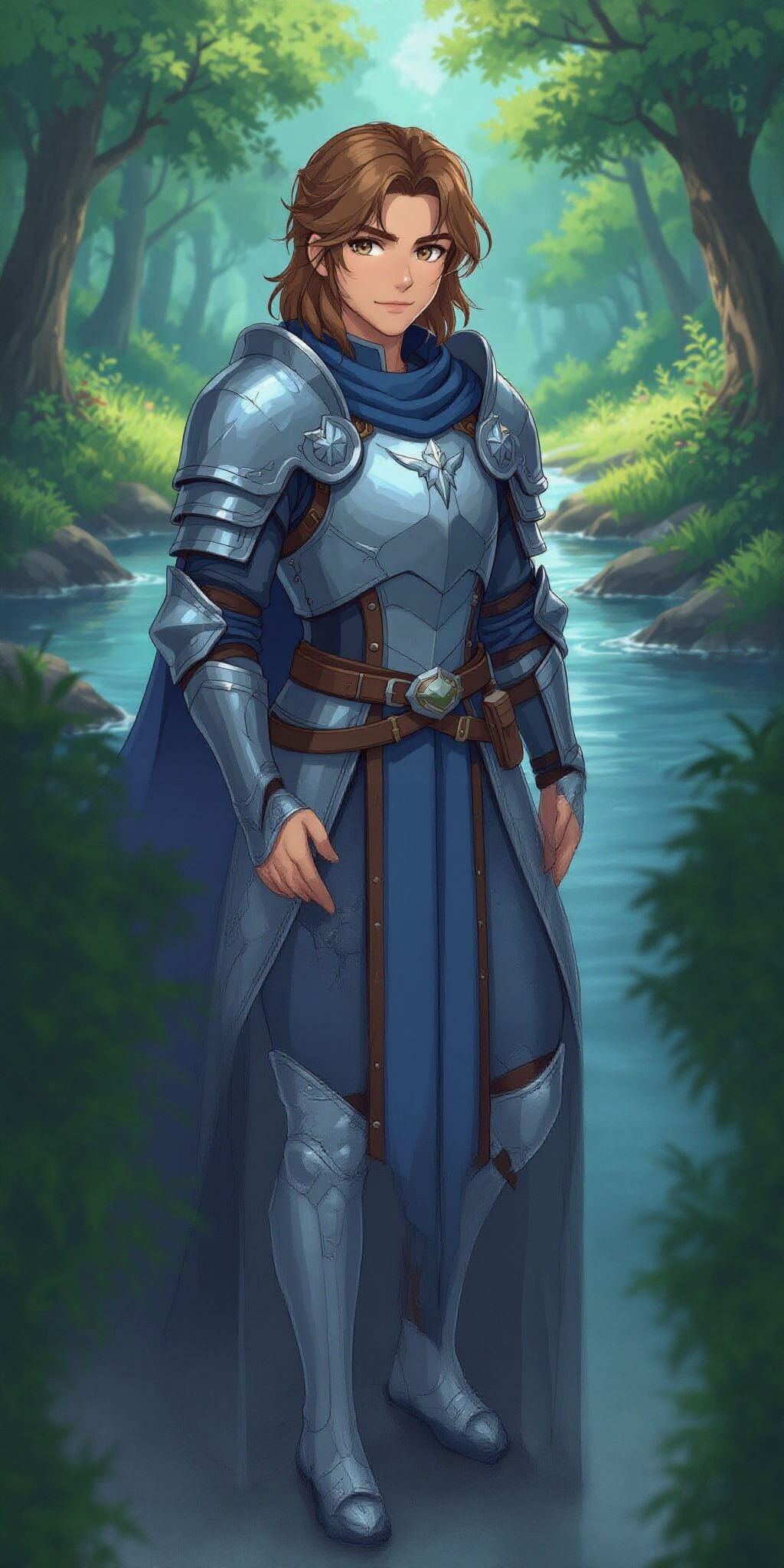 Heroic Paladin in Lush Forest, Cel-Shaded Anime Style