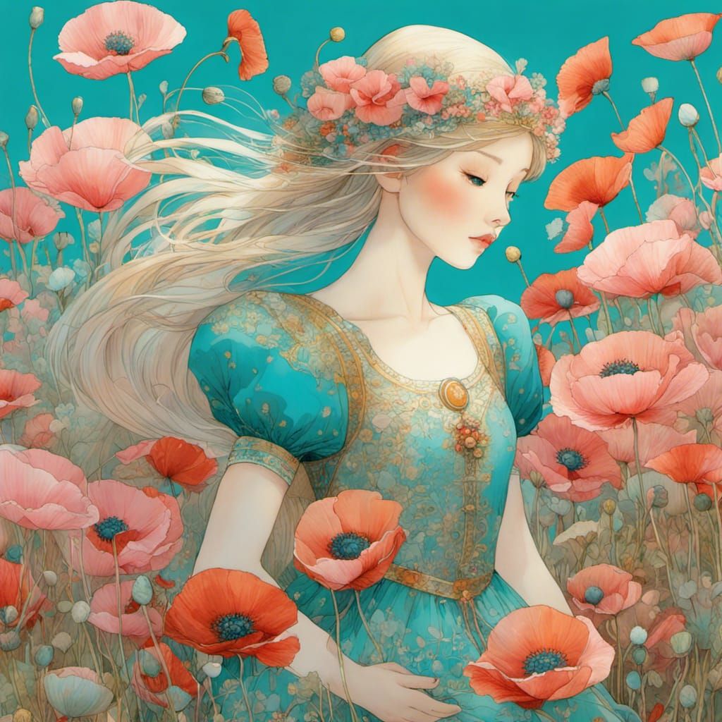 Fairytale Princess in Poppy Field, Watercolor Art Brut