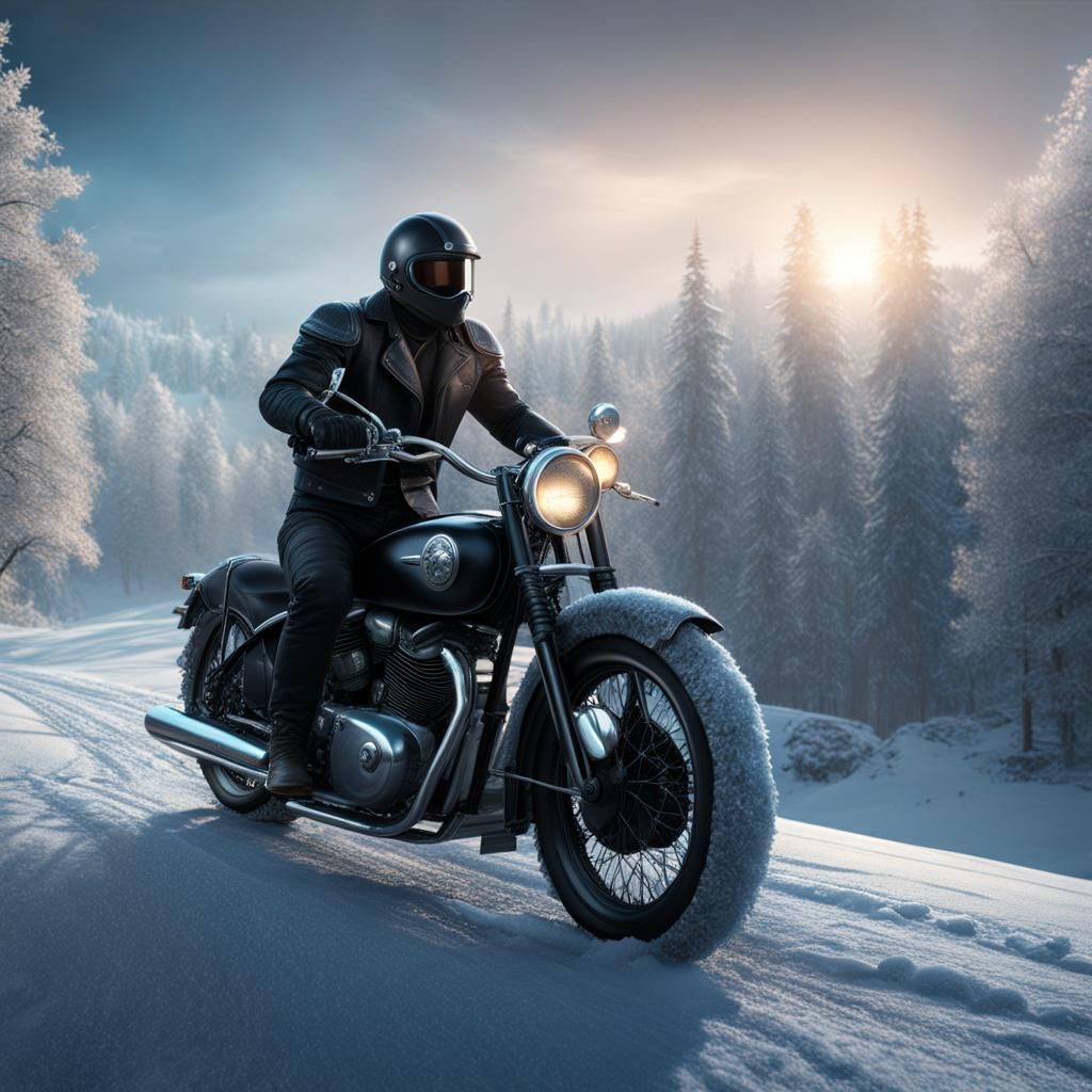 Frosty Motorcycle Rider in Detailed Matte Painting