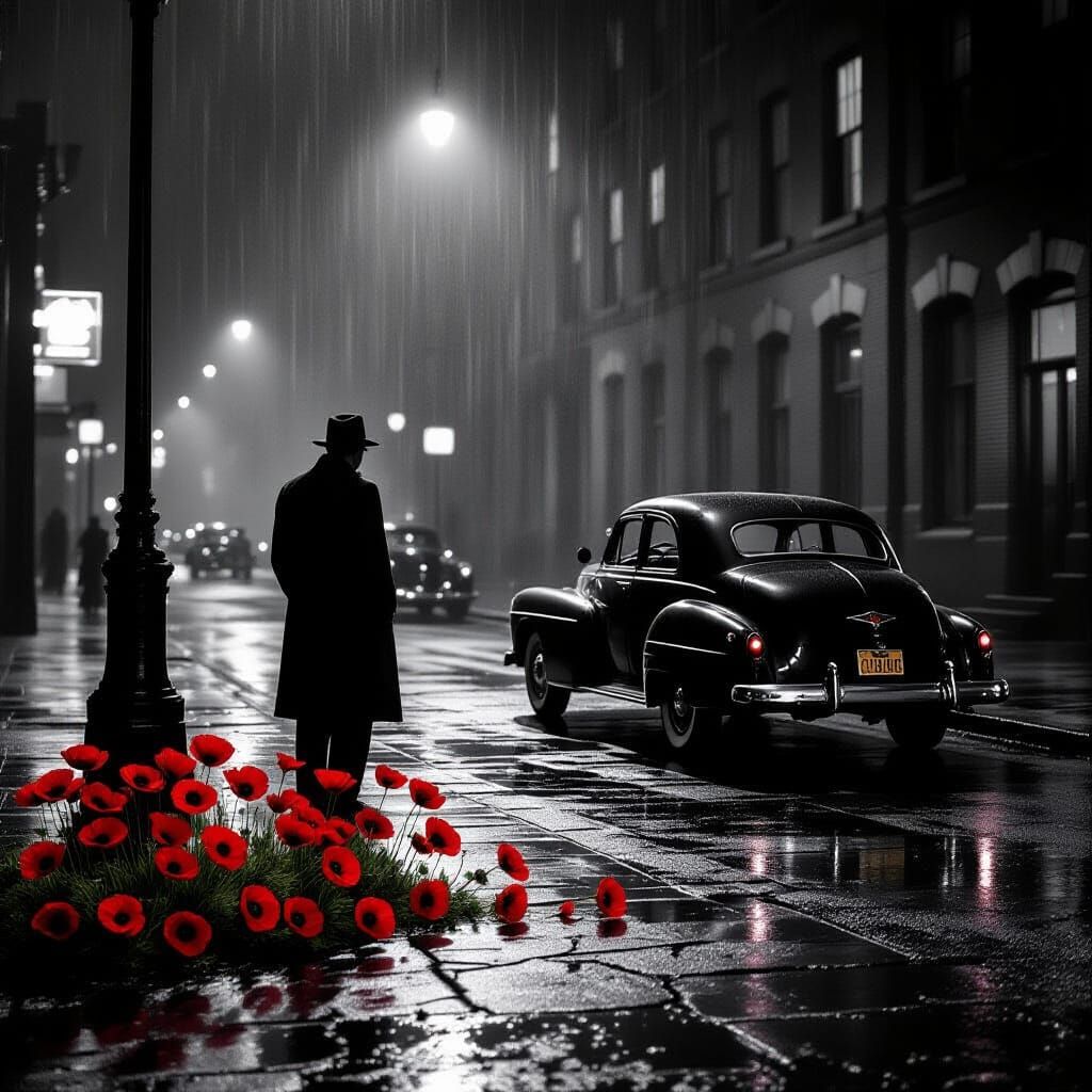 Film Noir Detective on Rainy Street With Unnatural Poppies