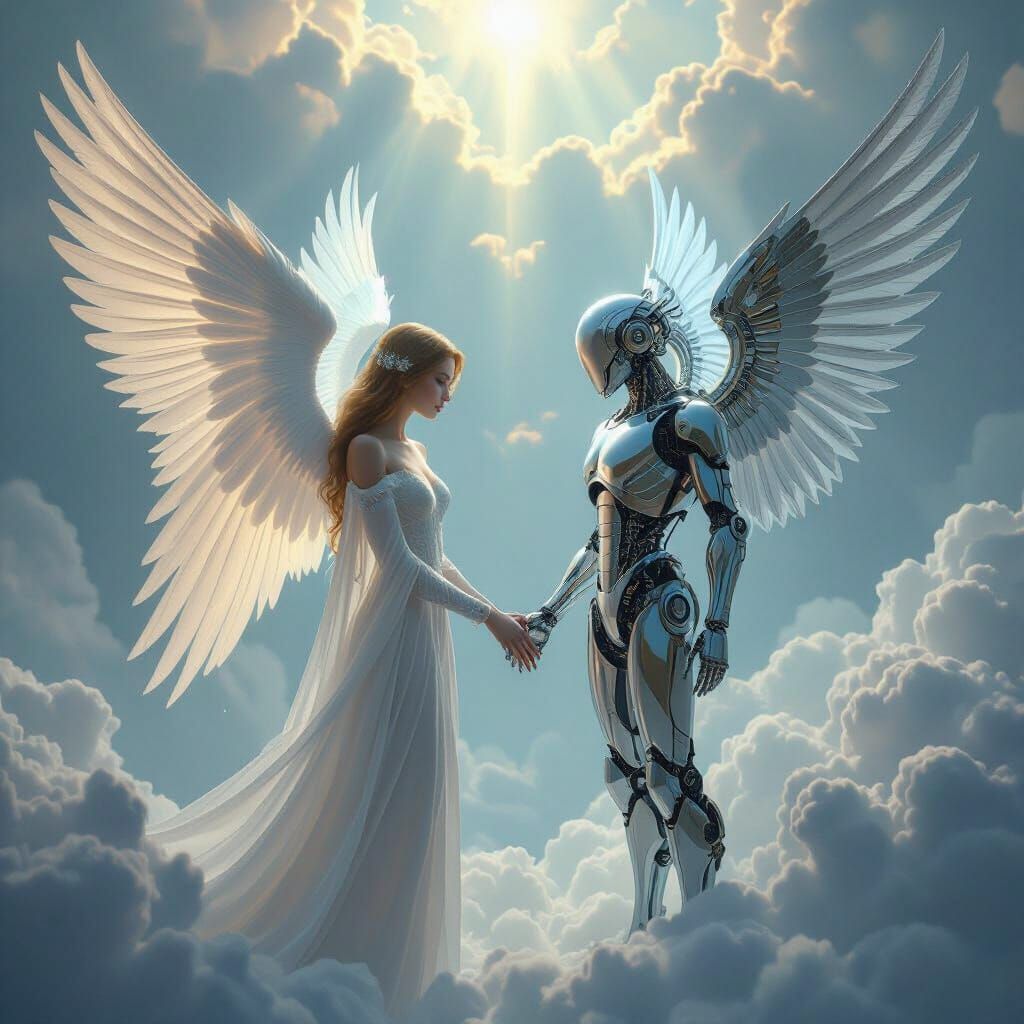 Heavenly Angel Meets Chrome Angel in Ethereal Light