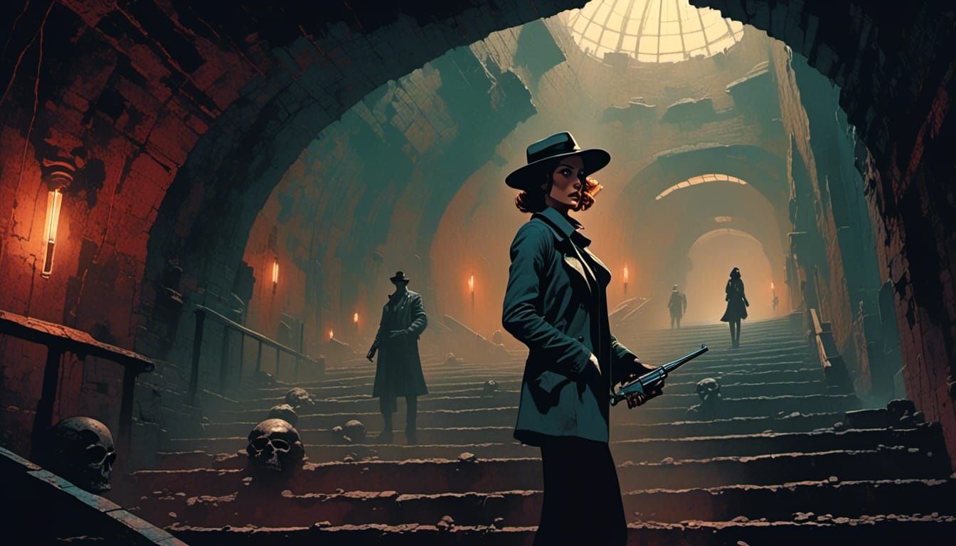 Film Noir Detective Confrontation in Sci-Fi Catacomb