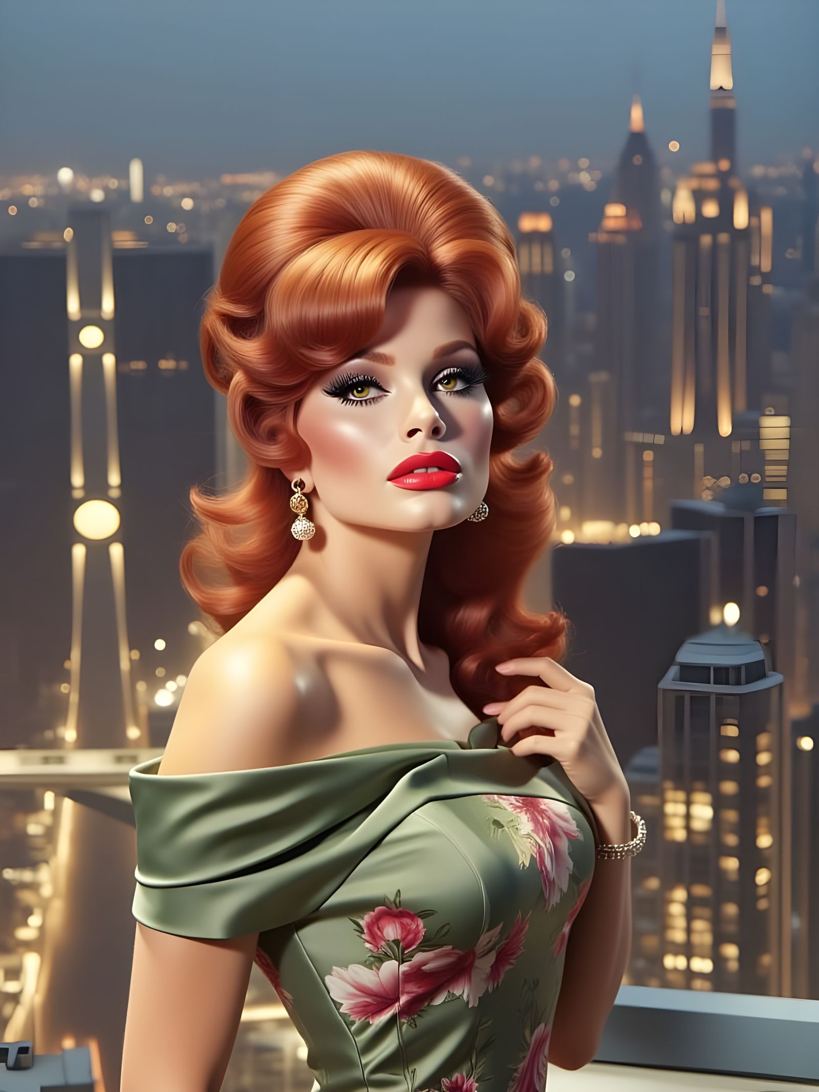 Glamorous Woman in Floral Dress Overlooking Cityscape