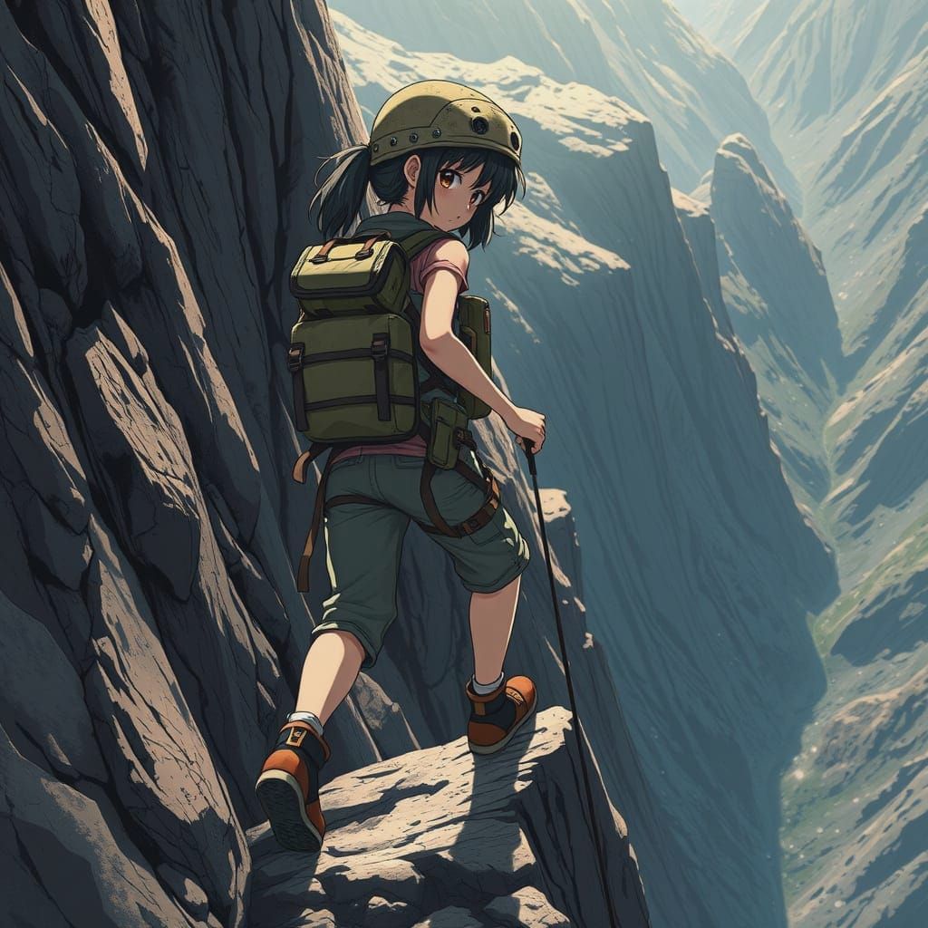 Anime Girl Climbs Dangerous Mountain Path