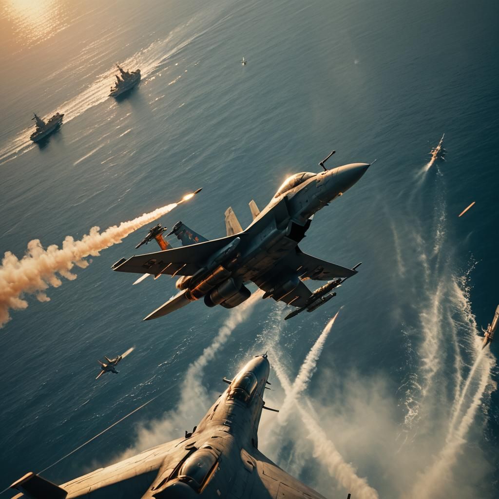 Fighter Jet Engages Battleship in Cinematic Combat
