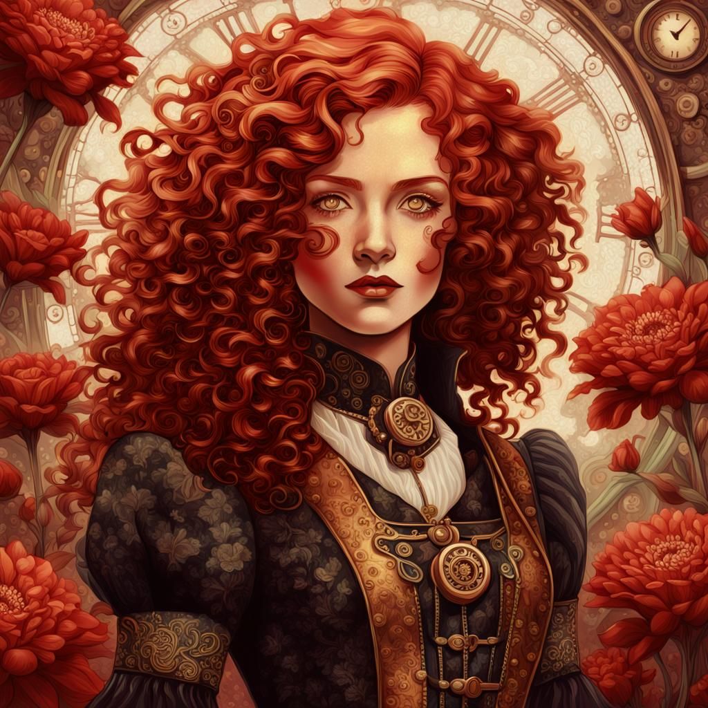Steampunk Woman with Red Hair and Floral Backdrop