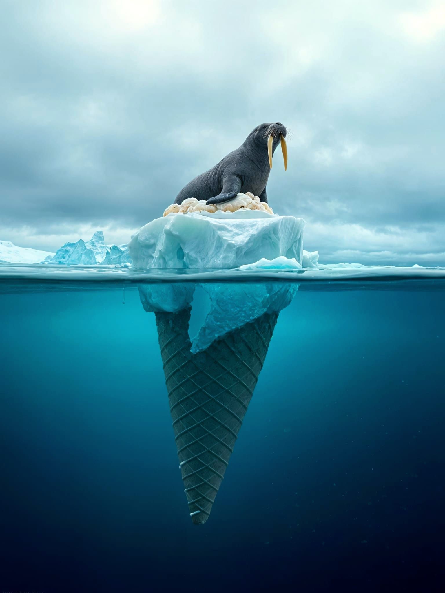 Ice Cream Cone Berg with Walrus in Arctic Sea