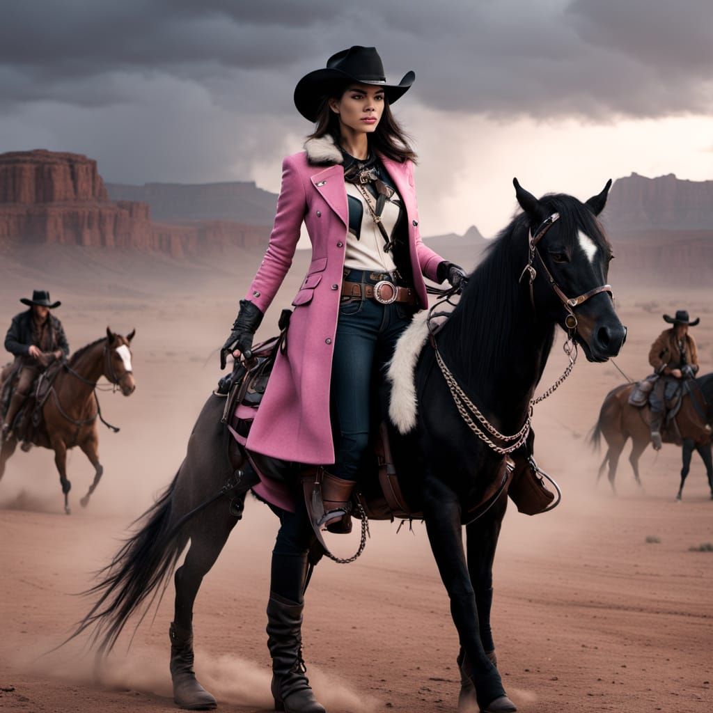 Cowgirl Sheriff Portrait on Black Stallion