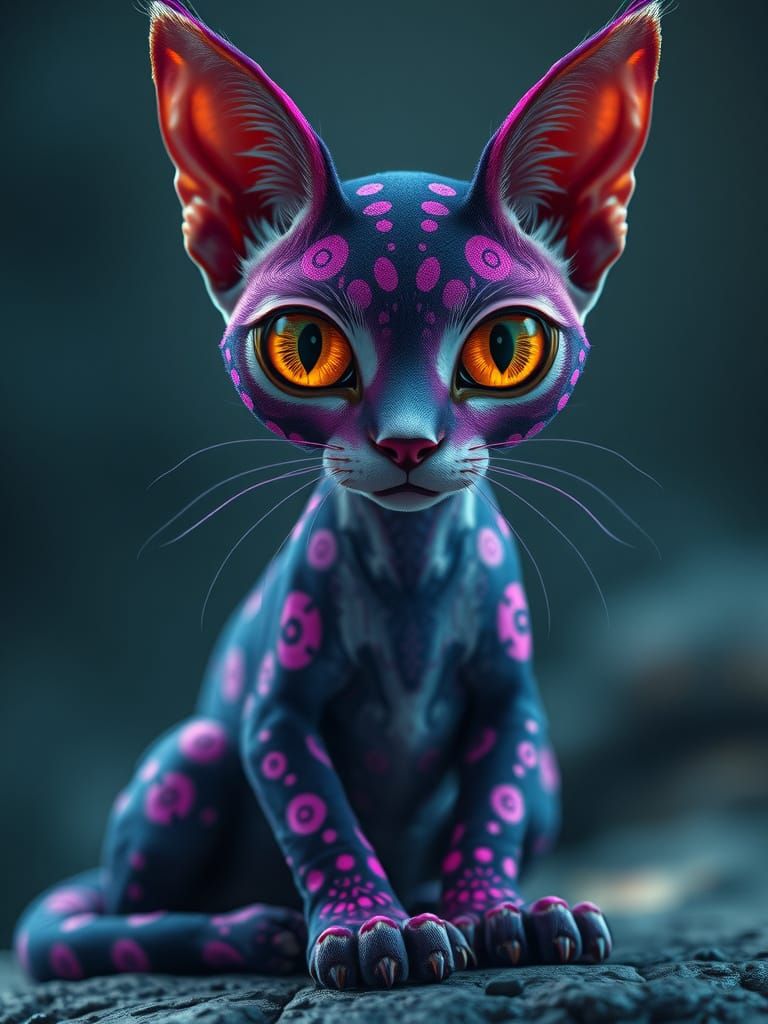 a graceful alien cat with enormous amber eyes and purple fur...
