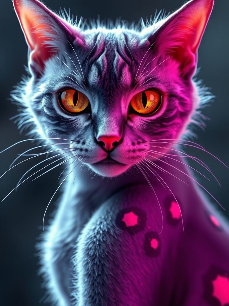 a graceful alien cat with enormous amber eyes and purple fur...