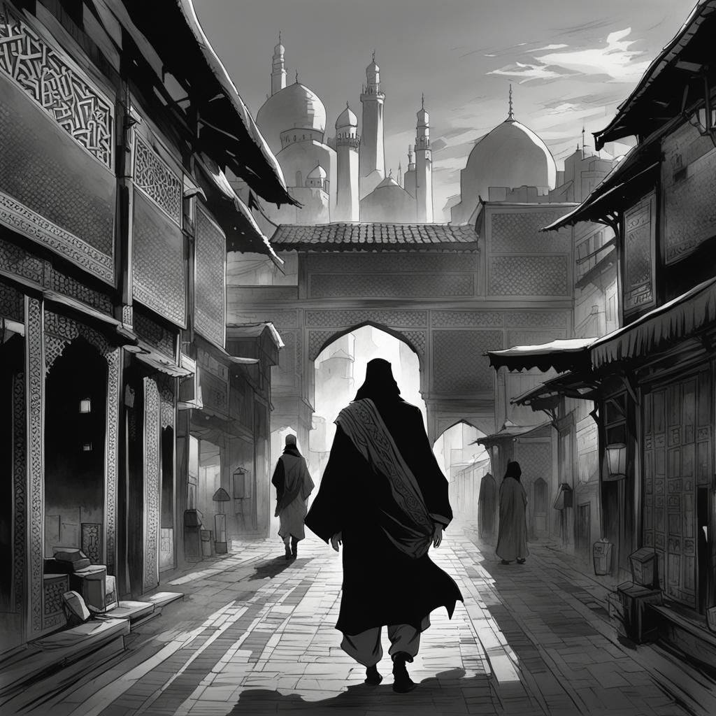Man Wandering Through Arabic City Square in Anime Style
