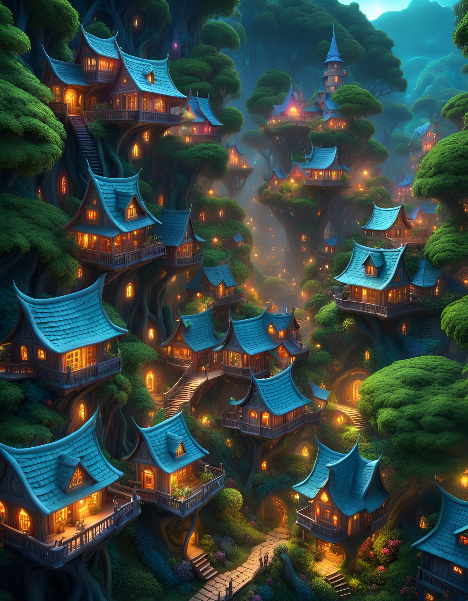 Elven Village in Magical Jungle with Fairies