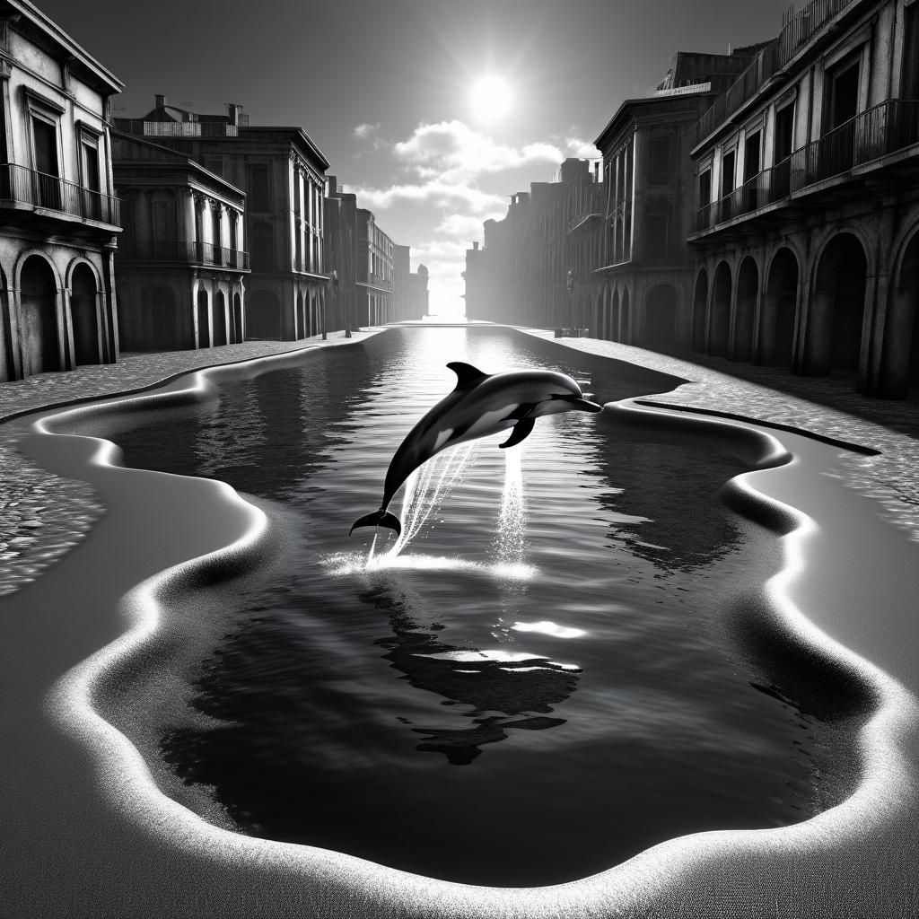 Colorful Dolphin Leaping in Grayscale Ghetto