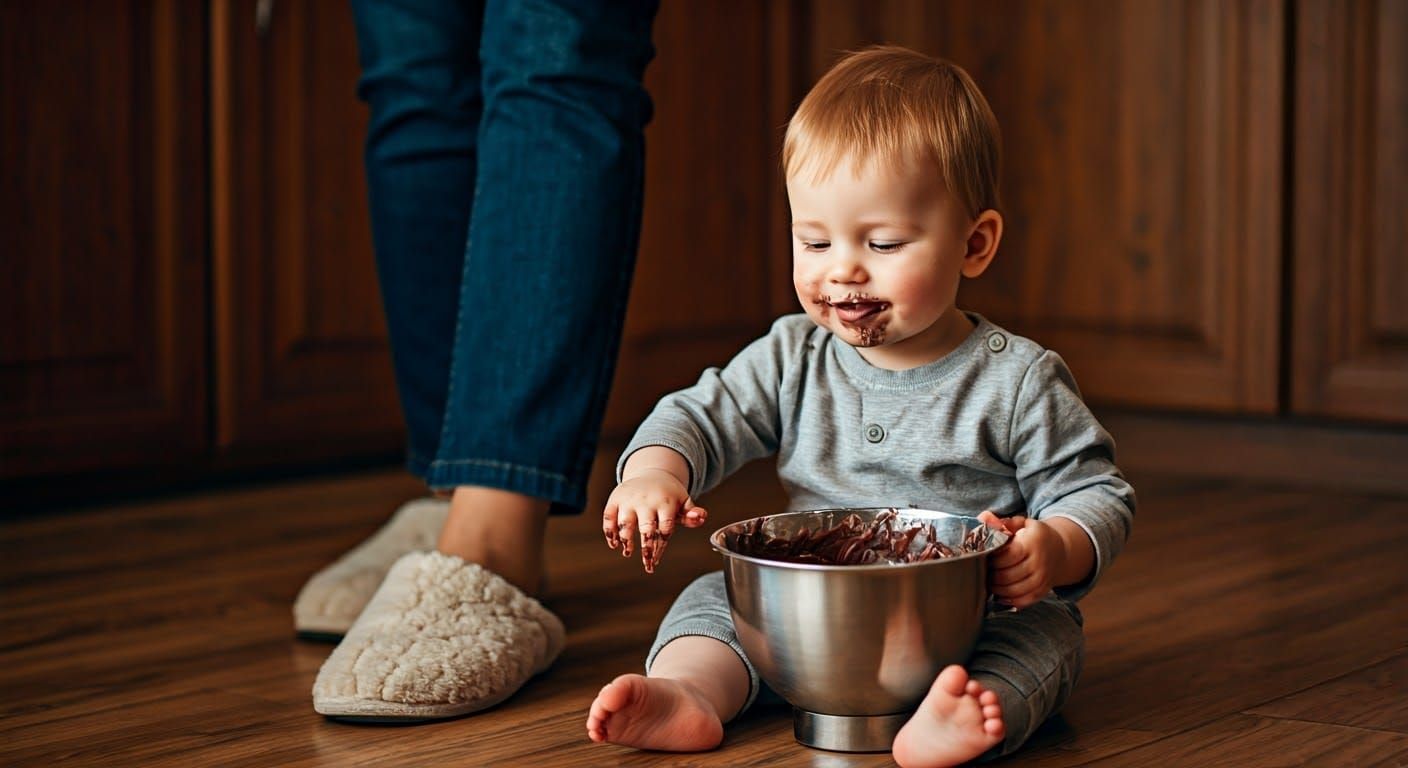 Joyful Boy Cleans Chocolate Bowl with Grandma