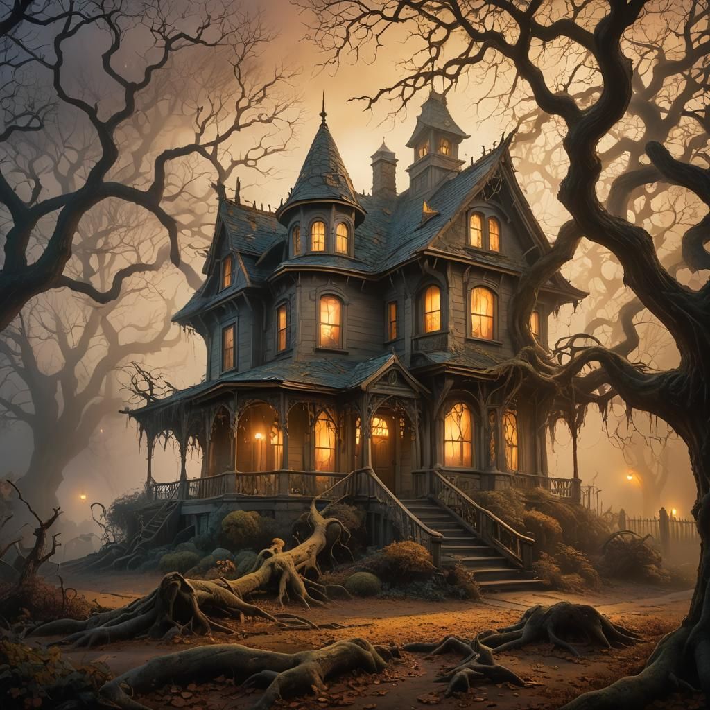 Ethereal Horror House in a Dreamy Golden Mist