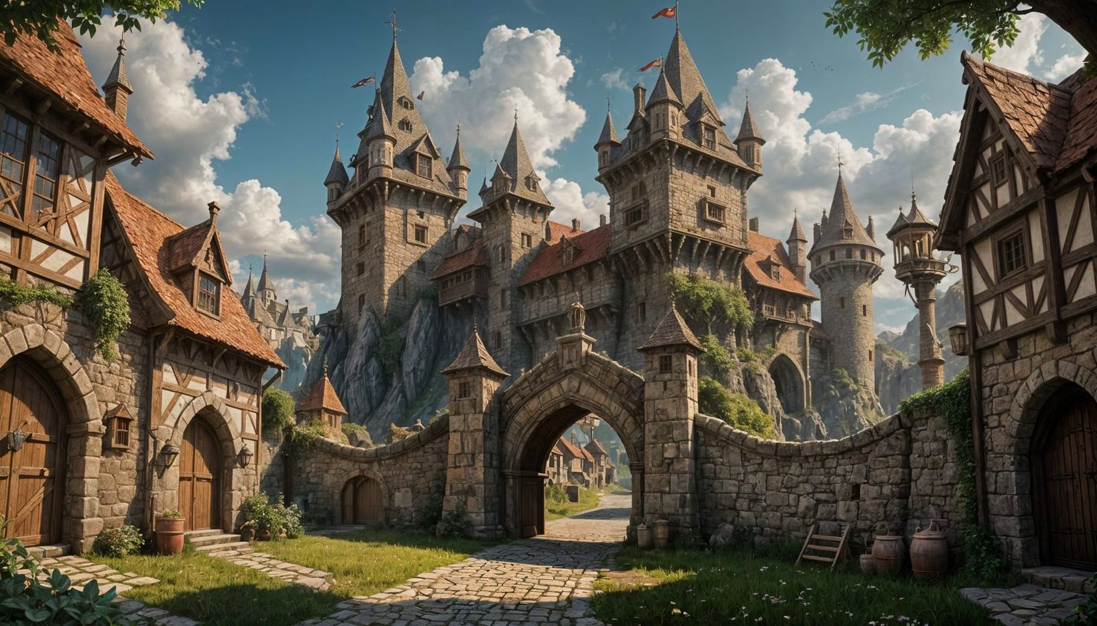 Fortified Medieval Village Gate: Detailed Matte Painting