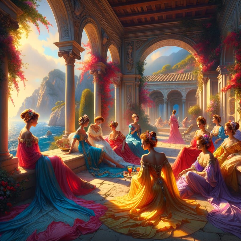 Roman Noblewomen in Opulent Villa: Splash Art