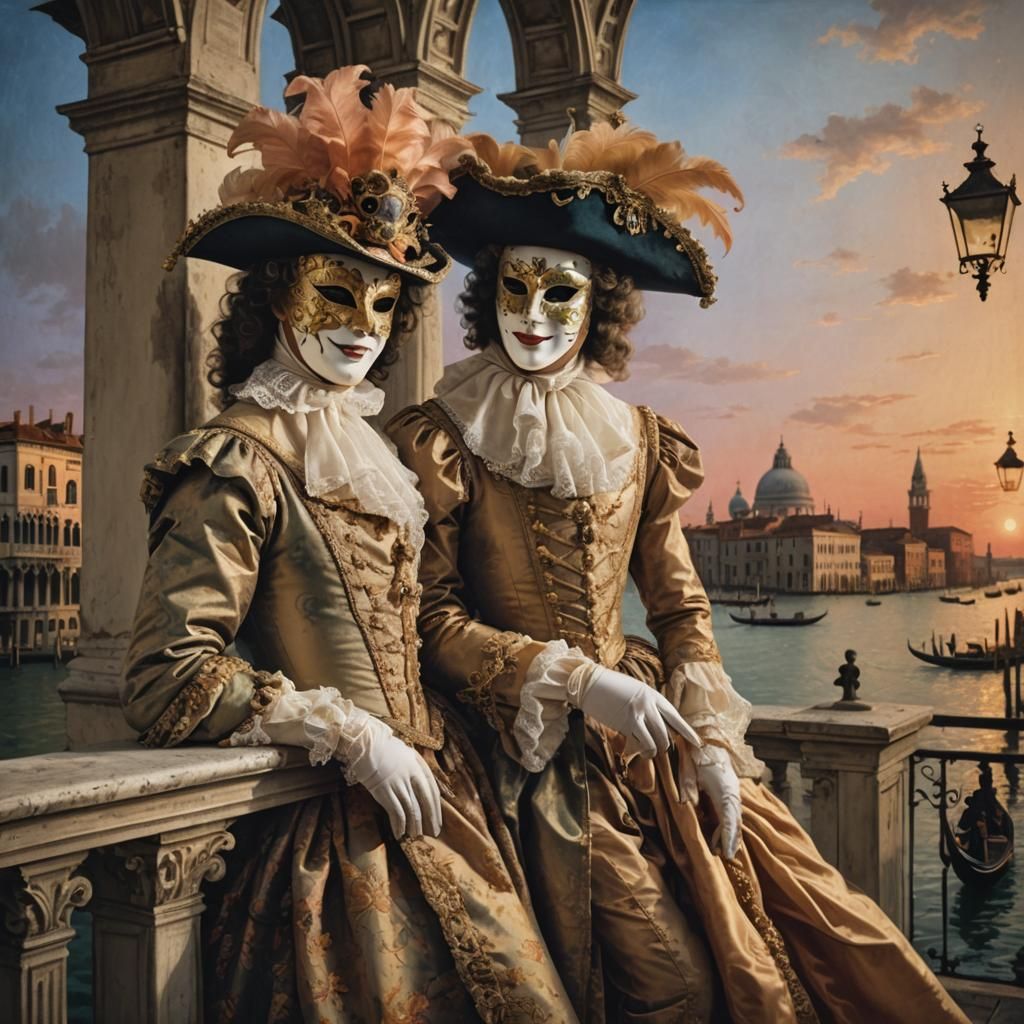 Venetian Carnival Masks on Balcony at Sunset
