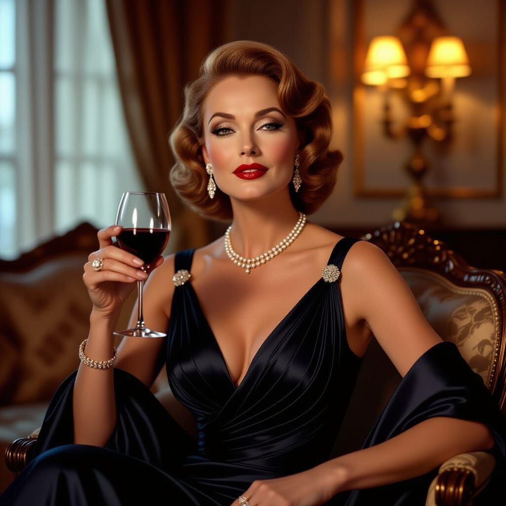 Elegant Socialite in Gown with Wine, Classic Hollywood Style