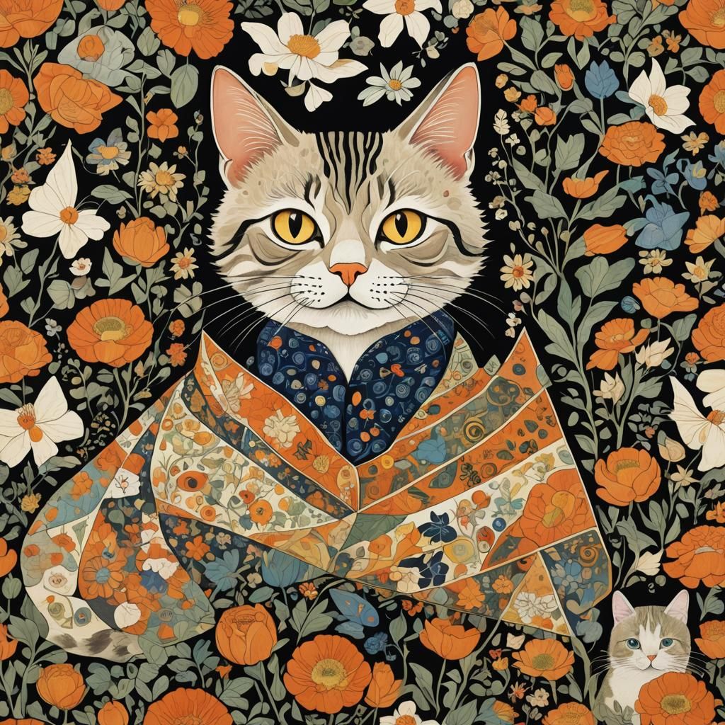 Cat in Flight: Tessellated Woodcut Textile Lithograph