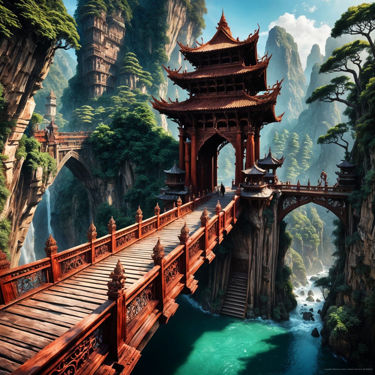 Ancient Bridge to Grand Red Temple in Tropical Gorge