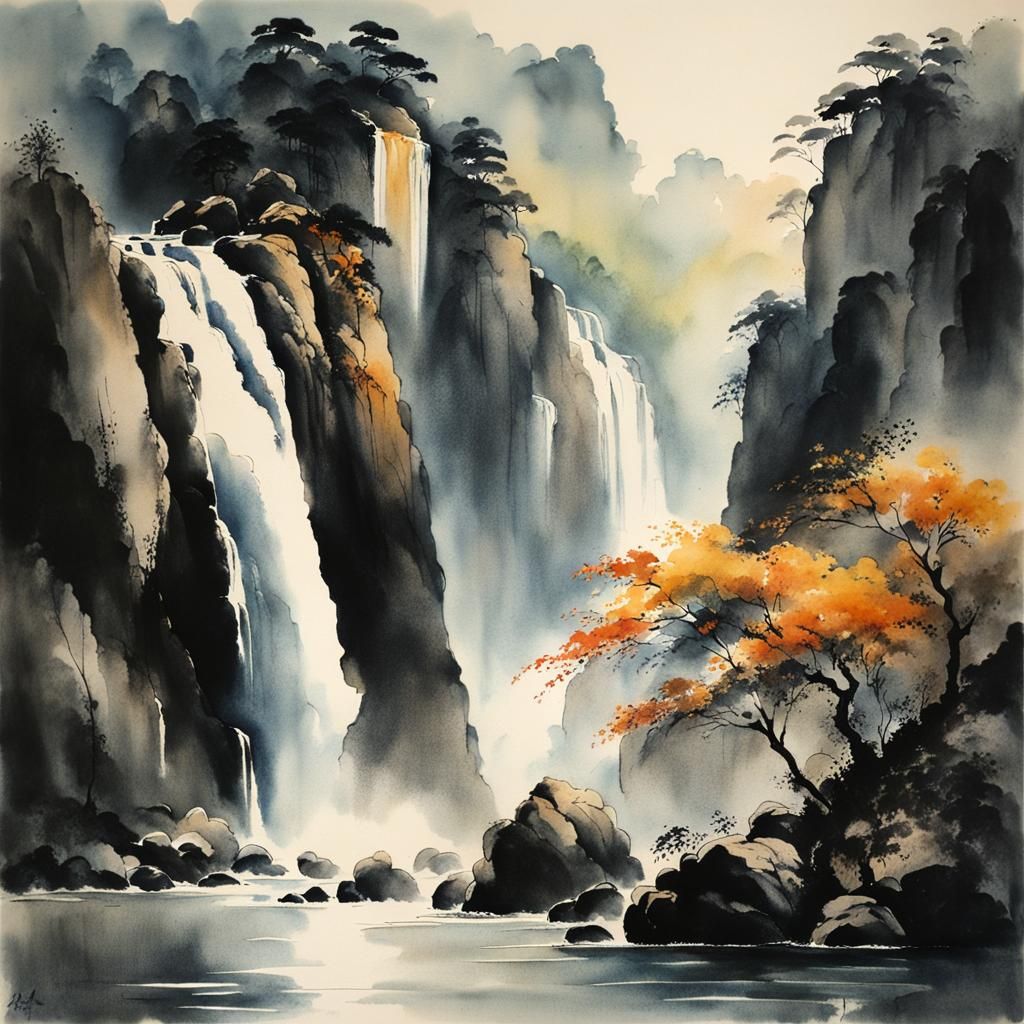 Muted Chinese Ink Painting of Waterfalls