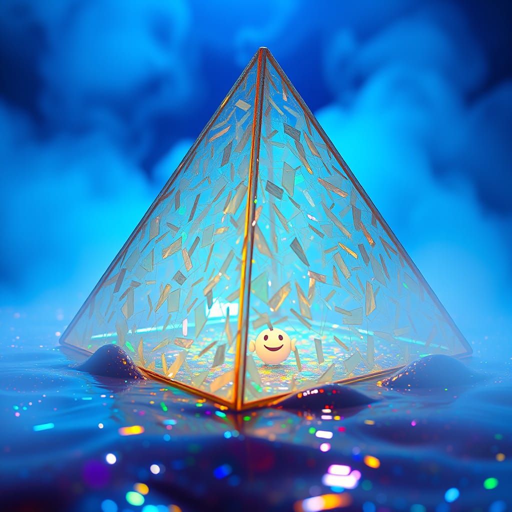 Dissolving Plastic Pyramid with Smiling Face in Blue Spotlig...