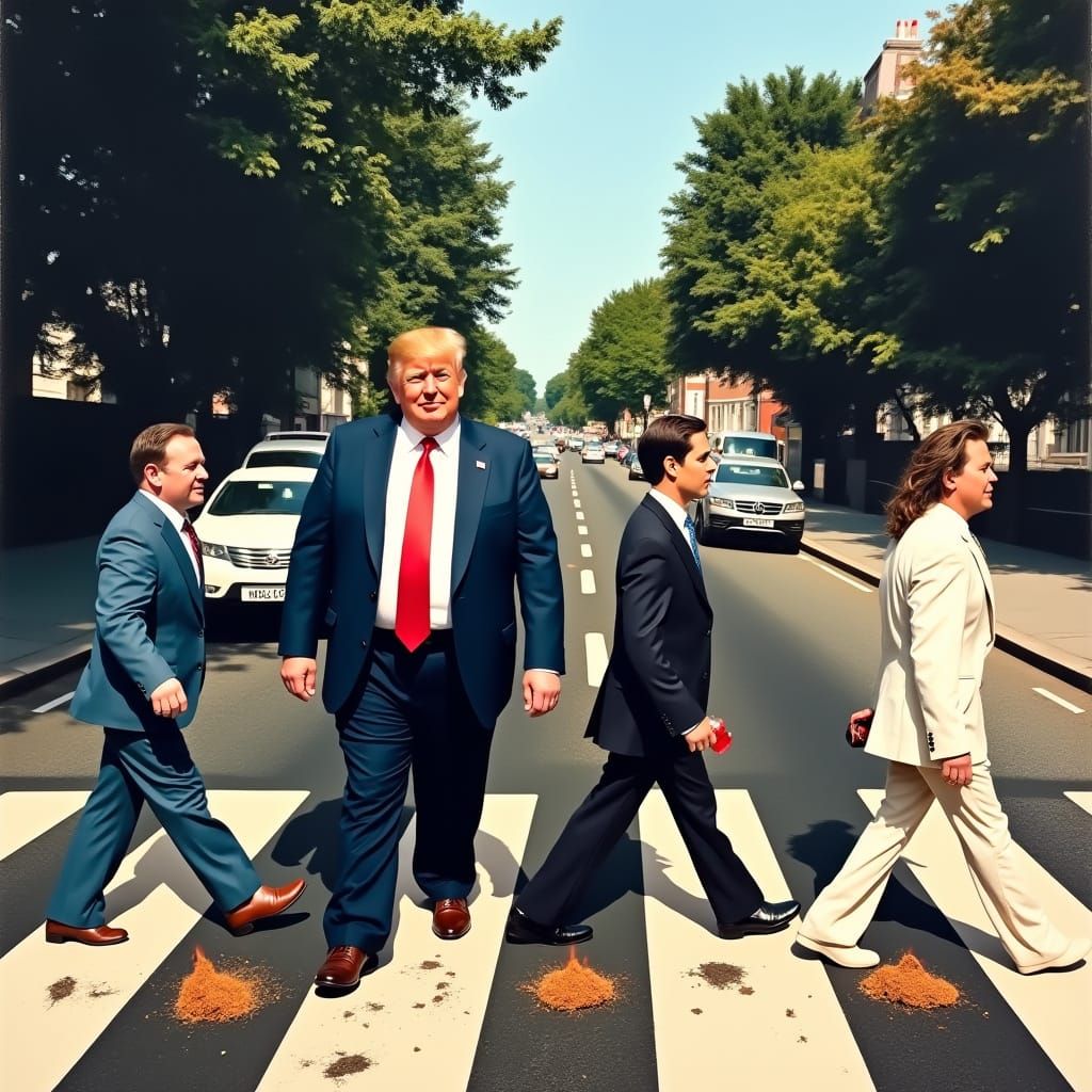 Surreal Abbey Road Crossing with Trump and Crew