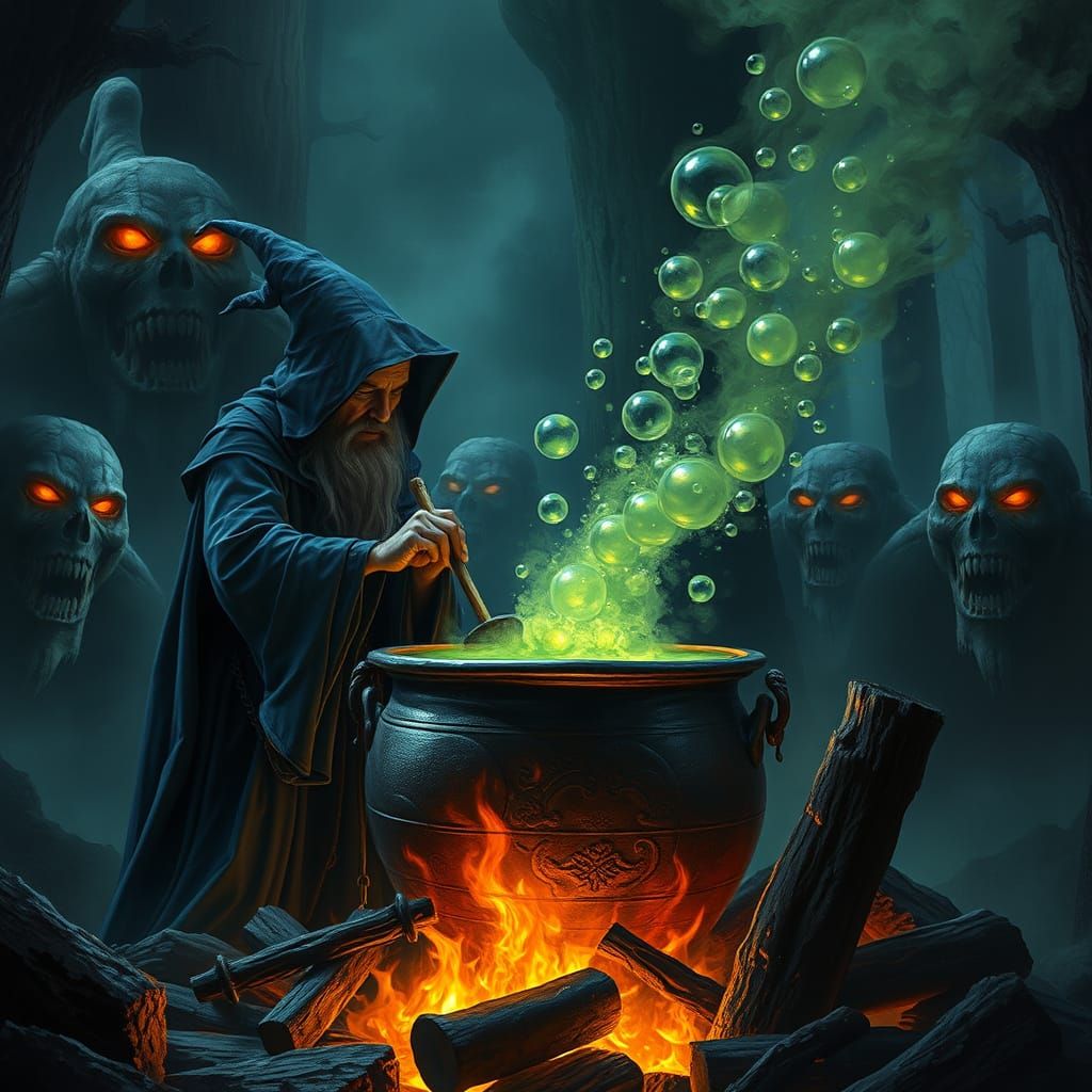 Witch Brewing Potion Under Attack by Stone Golems