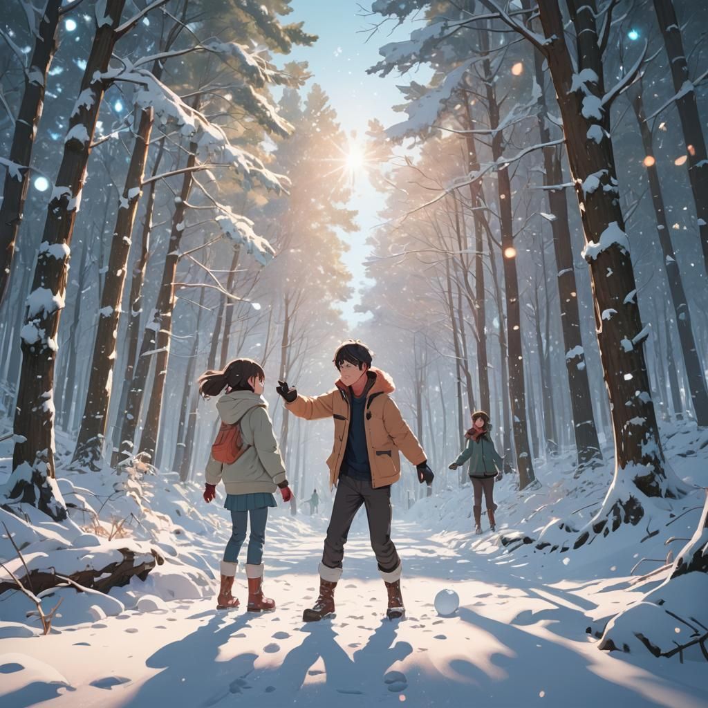 Anime Winter Scene of Children Playing in Snow