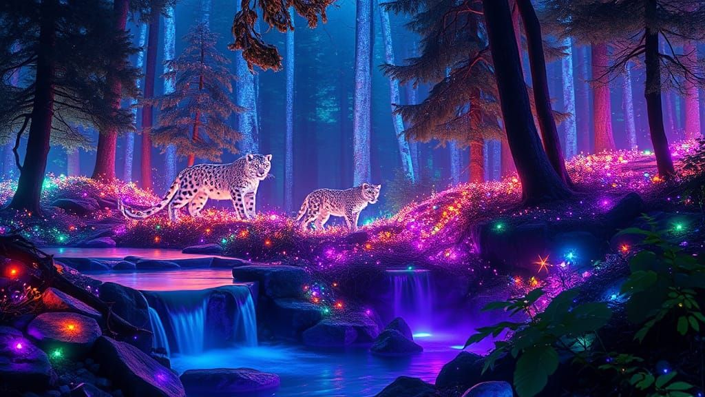 Surreal Snow Leopard Encounter in Crystaline Dreamforest