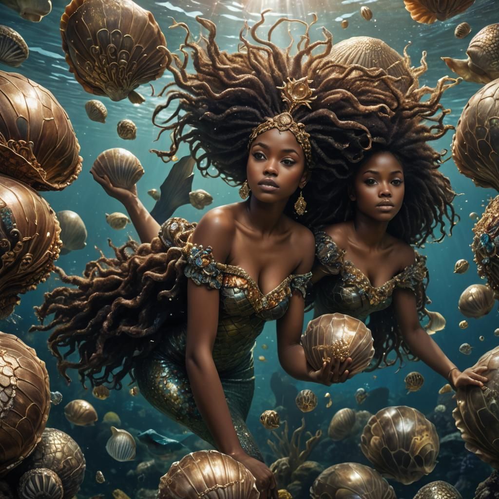 African Mermaids in Jeweled Shell: Hyperrealistic Underwater...