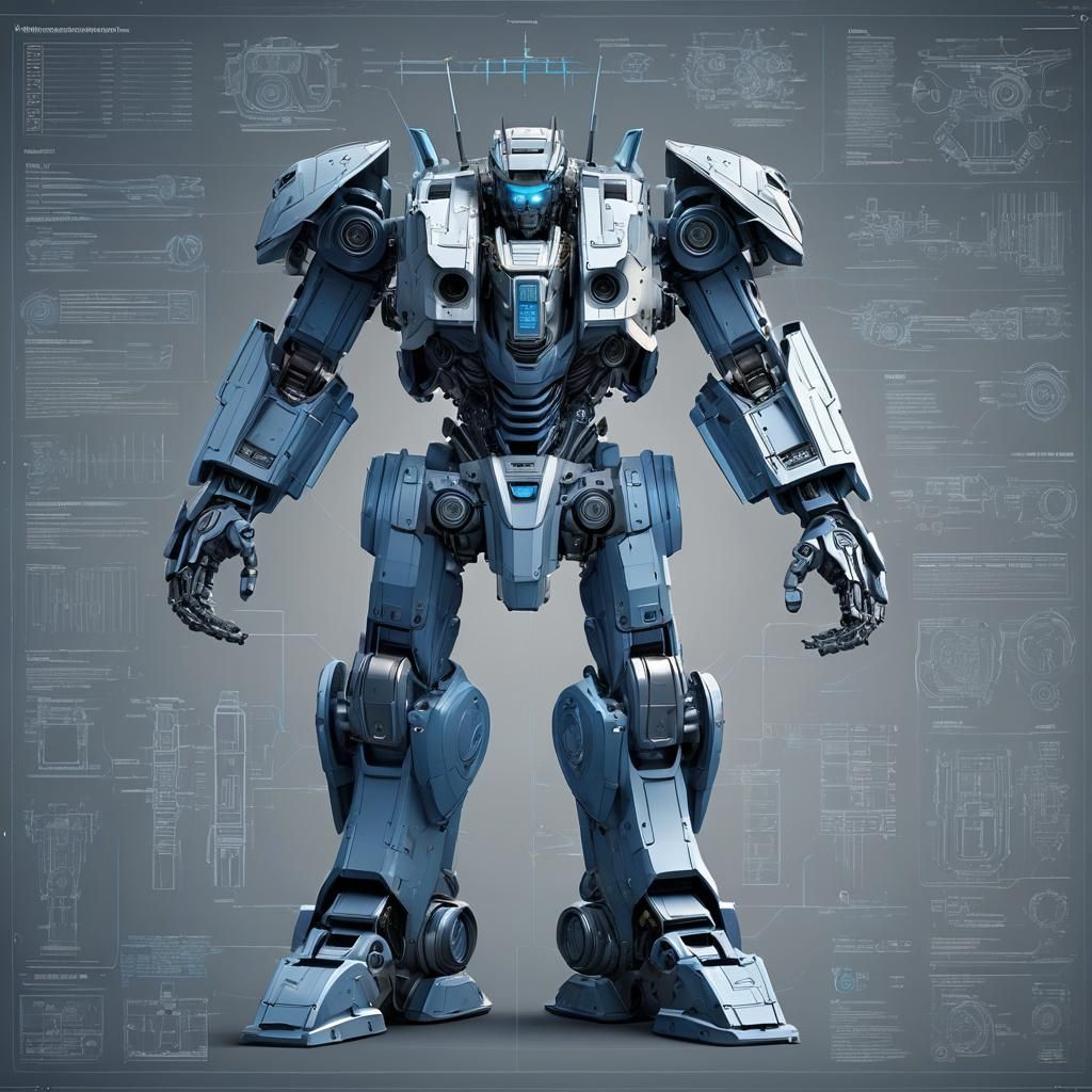 Futuristic Mecha Robot Blueprint Exploded View