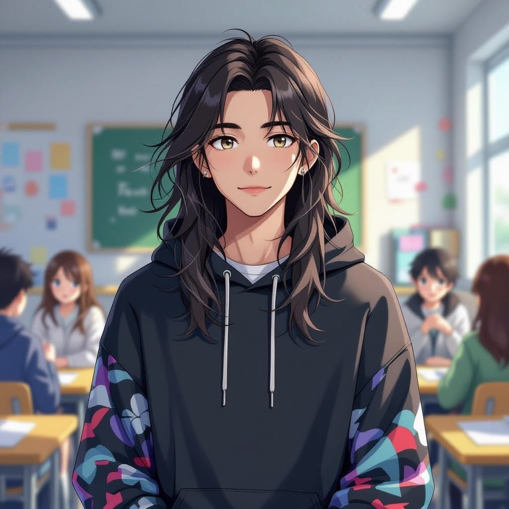 Anime Character Concept Art: Cool Guy in Vibrant Classroom