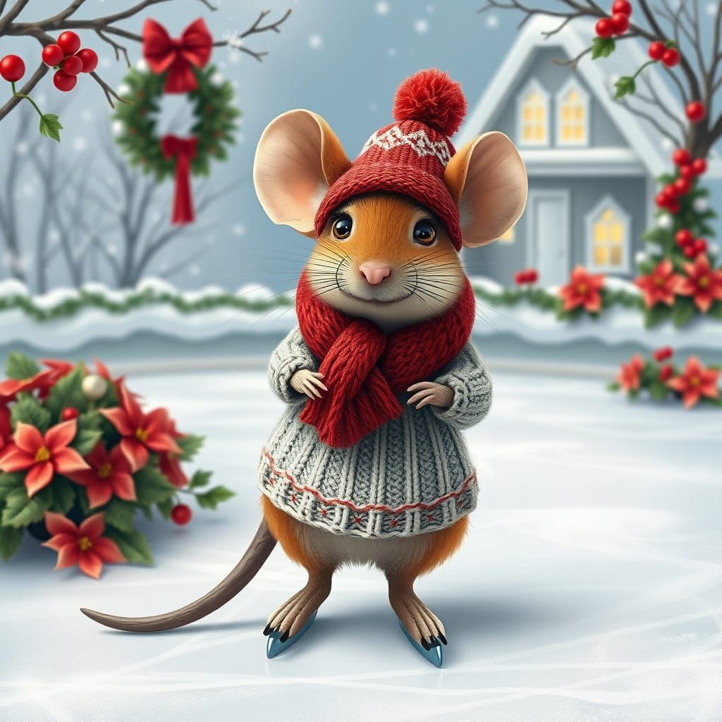 Mouse Glides on Ice with Winter Sweater and Village Christma...