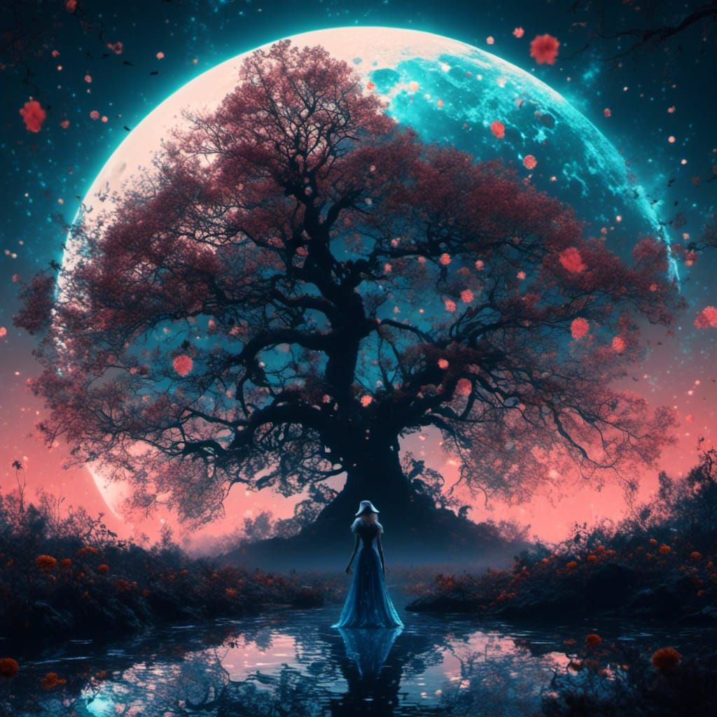 Bioluminescent Field with Woman Silhouette Under Moon