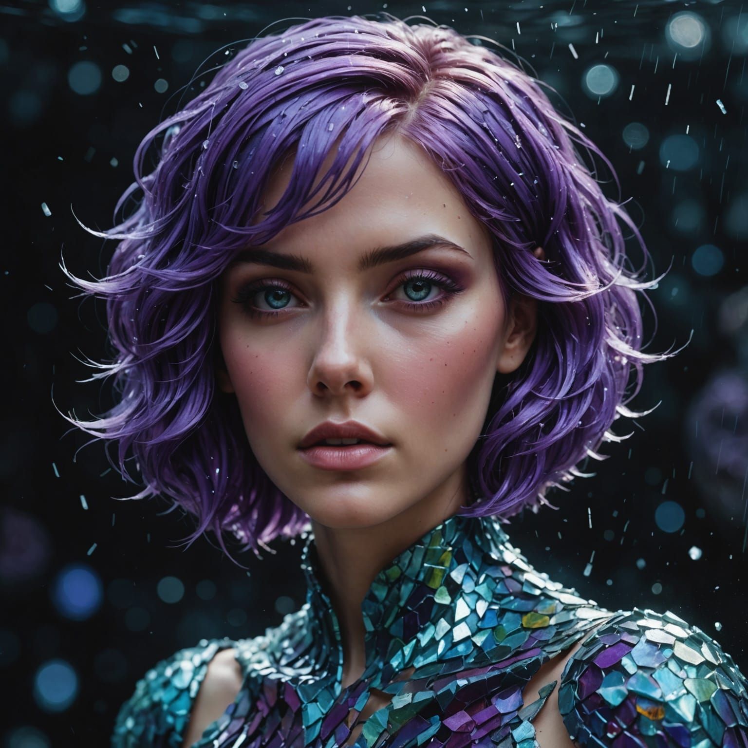 Ethereal Water Sculpture of Woman with Purple Hair