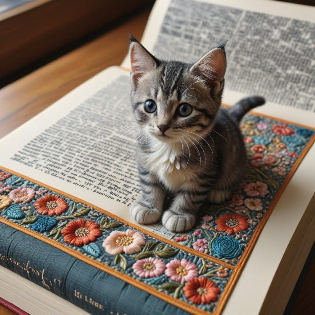 Whimsical Kitten Study in Quilted Embroidery