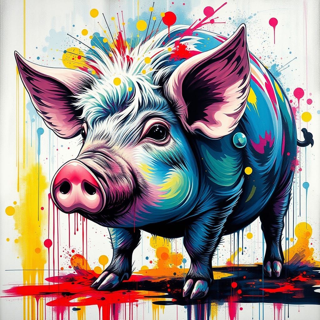 Vibrant Street Art of a Pig Riding a Minute Wave