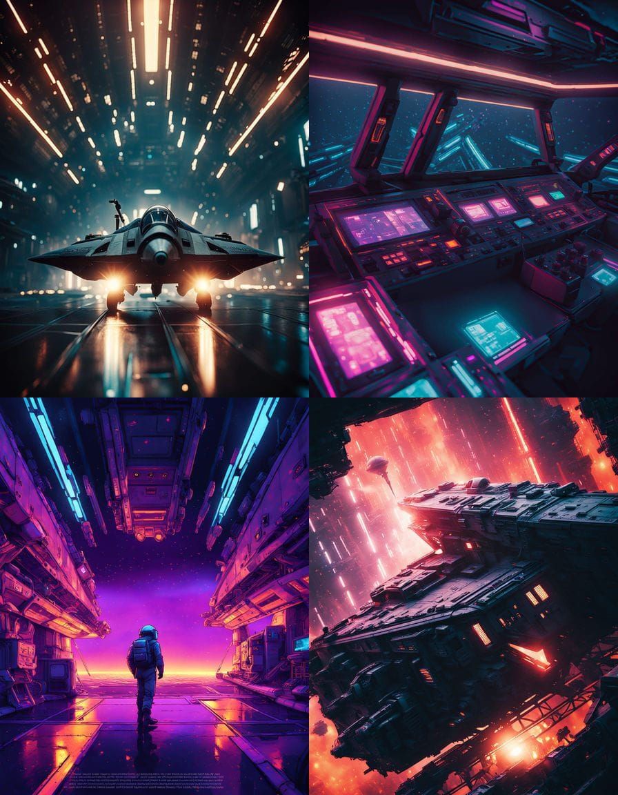 Dramatic Cinematic Spaceship Battle in Neon Retro Style