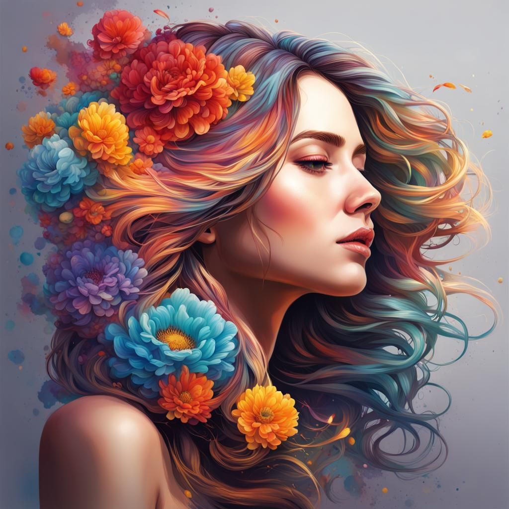 Woman with Decorative Flower Hair: Hyperrealistic Splash Art