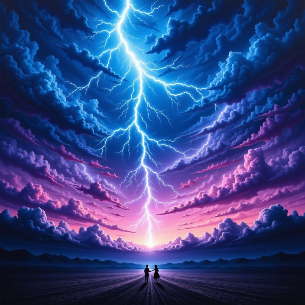 Dramatic Twilight Lightning Storm Landscape Painting