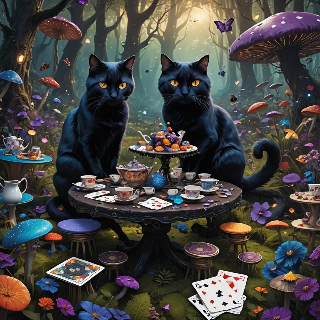 Black Cat's Surreal Tea Party in Wonderland