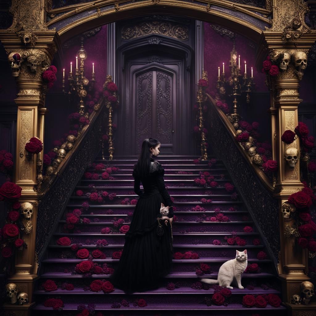 Victorian Goth Girl Descends Staircase in Eerie Luxury