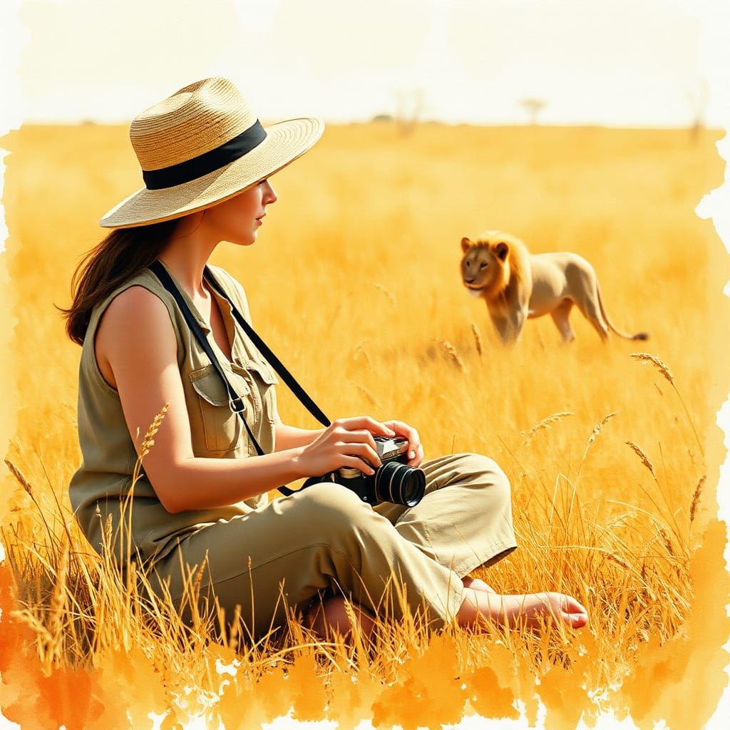 Woman Photographing Lion in Painterly Watercolor Style